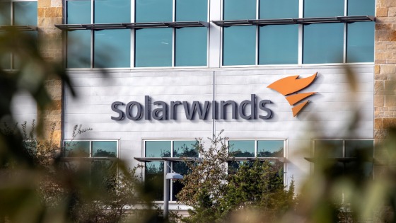 The logo of network management company SolarWinds is displayed on the facacde of its corporate headquarters