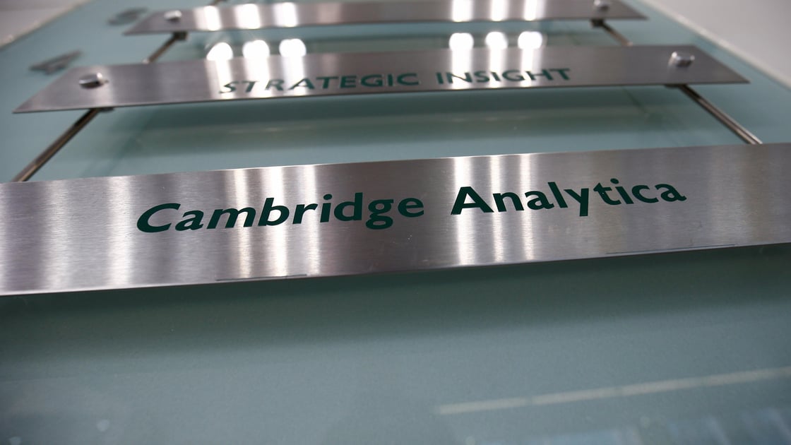 The nameplate of political consultancy Cambridge Analytica is seen in central London