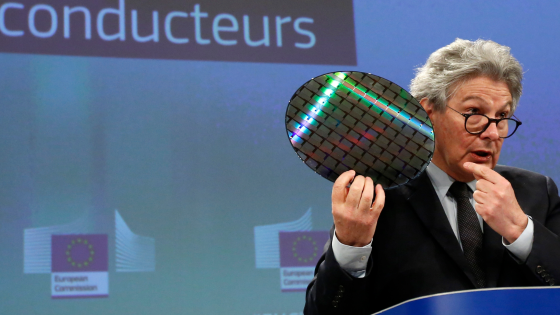 Thierry Breton, the EU’s commissioner for its internal market, speaks at a press conference on the European Chips Act