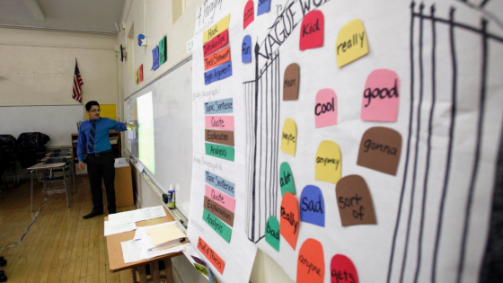 Trainee English teacher Juan Salinas from the Teach for America program teaches at George Washington Carver Middle School in Los Angeles