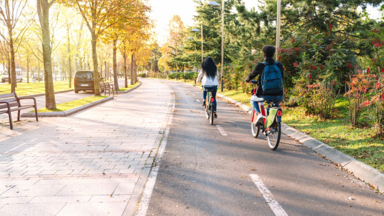 Two individuals biking in designated lane