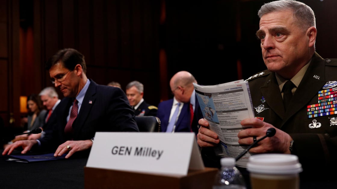 U.S. Chairman of the Joint Chiefs of Staff Gen. Mark A. Milley testifies beside U.S. Defense Secretary Mark Esper before the Senate Armed Services Committee