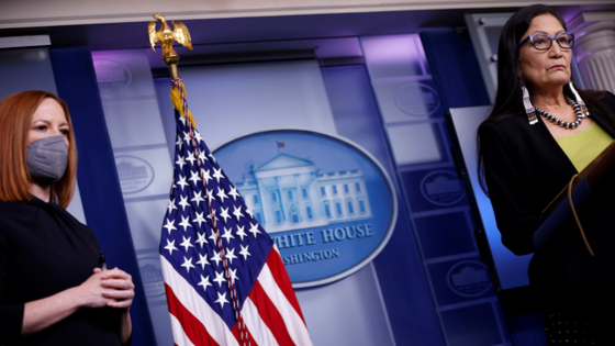 U.S. Interior Secretary Deb Haaland delivers remarks during a press briefing at the White House