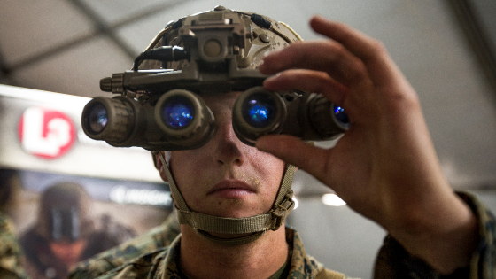 U.S. Marine Corps Lance Cpl. Skyler Stevens uses night optics technology during a 2018 exercise at Marine Corps Base Camp Pendleton