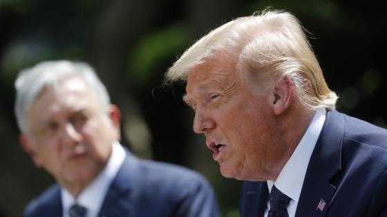 U.S. President Donald Trump speaks as Andres Manuel Lopez Obrador looks on