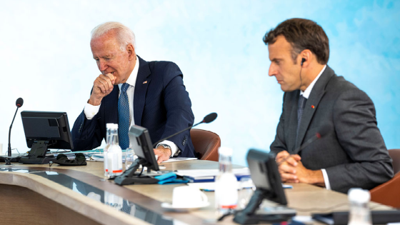 U.S. President Joe Biden and French President Emmanuel Macron take part in the final session of the G7 summit