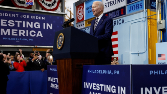 U.S. President Joe Biden delivers remarks about his budget for fiscal year 2024 at the Finishing Trades Institute in Philadelphia, Pennsylvania