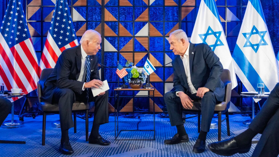 U.S. President Joe Biden meets Israeli Prime Minister Benjamin Netanyahu as he arrives in Tel Aviv