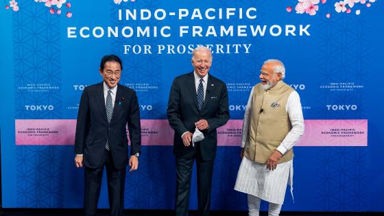 U.S. President Joe Biden poses with India Prime Minister Narendra Modi and Japan Prime Minister Fumio Kishida as he announced the countries that are joining the new Indo-Pacific Economic Framework-1