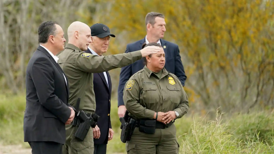 U.S. President Joe Biden receives a briefing at the U.S.-Mexico border in Brownsville, Texas