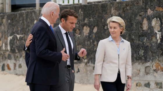 U.S. President Joe Biden speaks with French President Emmanuel Macron and European Commission President Ursula von der Leyen