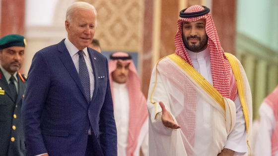 U.S. President Joe Biden welcomed by Saudi Crown Prince Mohammed bin Salman Al Saud ahead of their meeting at Al-Salam Palace