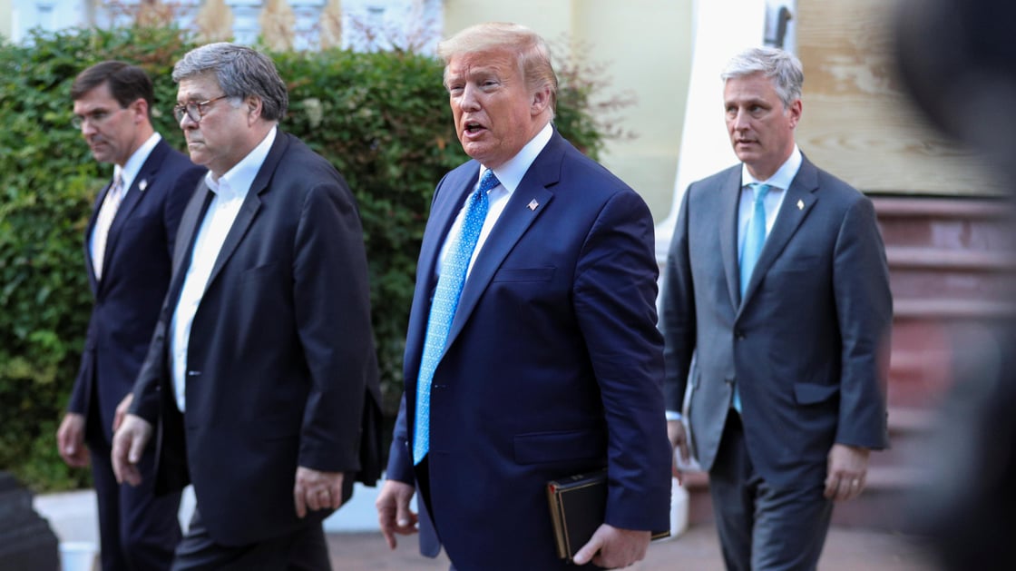 U.S. President Trump holds a photo opp in front of St Johns Church in Washington