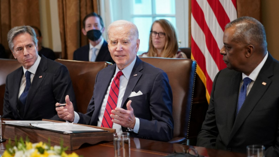 U.S. Secretary of State Antony Blinken and Secretary of Defense Lloyd Austin, President Joe Biden speaks during a cabinet meeting at the White House