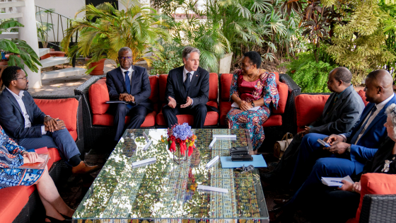 U.S. Secretary of State Antony Blinken meets with members of civil society at the U.S. Ambassadors Residence in Kinshasa, Congo