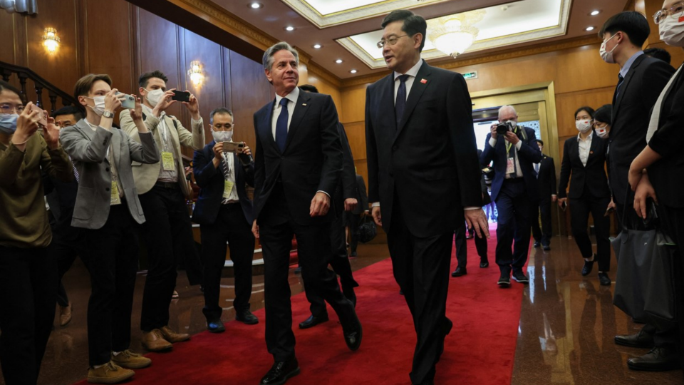 U.S. Secretary of State Antony Blinken walks with Chinas Foreign Minister Qin Gang in Beijing