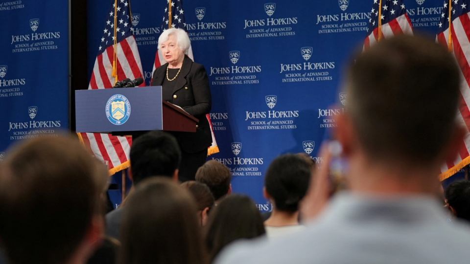 U.S. Treasury Secretary Janet Yellen discusses the U.S.-China economic relationship during a forum hosted by the Johns Hopkins University