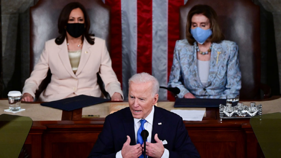 U.S. Vice President Kamala Harris and Speaker of the House Nancy Pelosi listen as President Joe Biden addresses a joint session of Congress