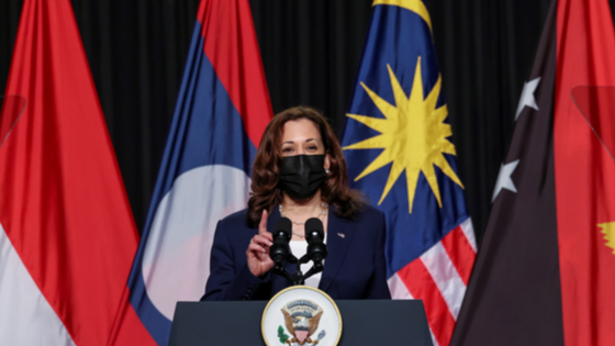 U.S. Vice President Kamala Harris delivers remarks in Hanoi, Vietnam.