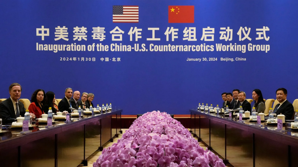U.S. and Chinese officials meet about counternarcotics cooperation in the Diaoyutai State Guesthouse in Beijing