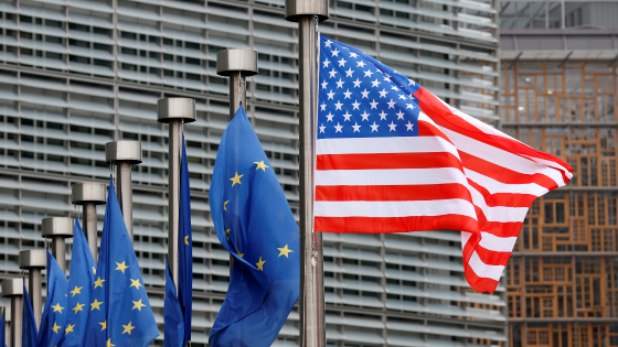 U.S. and European Union flags are pictured during the visit of Vice President Mike Pence to the European Commission headquarters in Brussels