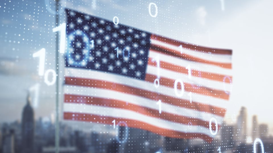 U.S. flag with binary code illustration.