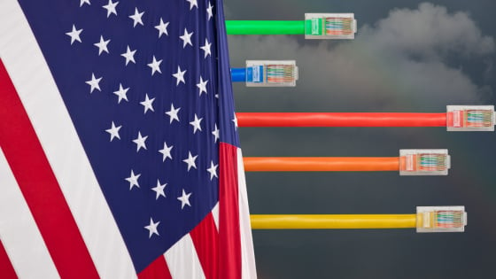 U.S. flag with illustration of ethernet cables