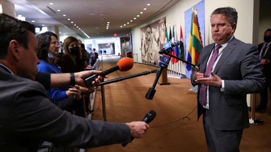 Ukrainian Ambassador to the United Nations Sergiy Kyslytsya speaks to the media following a United Nations Security Council meeting