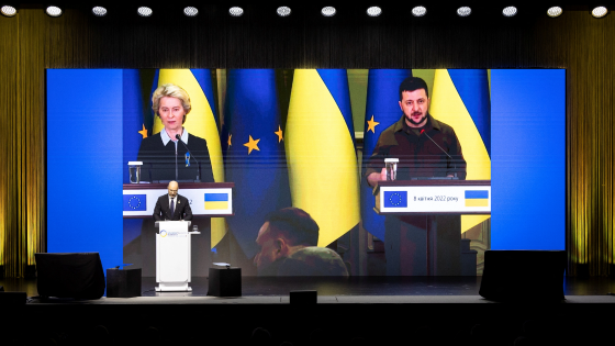 Ukrainian Prime Minister Denys Shmyhal speaks as a video of Ukrainian President Volodymyr Zelenskiy and European Commission President Ursula von der Leyen is displayed on a screen-1