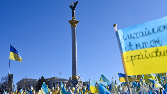 Ukrainian flags with the names of the dead Ukrainian soldiers who died during the war with Russia on the eve of the first anniversary of the Russian offensive