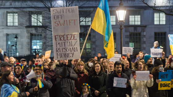 Ukrainian people and supporters demonstrate calling for the West to implement strong sanctions