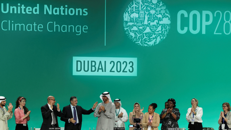 United Arab Emirates Minister of Industry and Advanced Technology and COP28 President Sultan Ahmed Al Jaber attends the plenary, after a draft of a negotiation deal was released