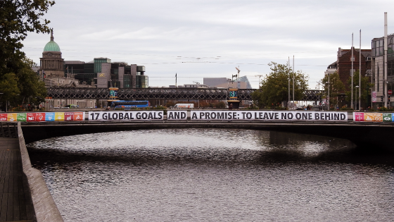 United Nations Sustainable Development Goals banner displayed across Dublins Rosie Hackett Bridge over the River Liffey