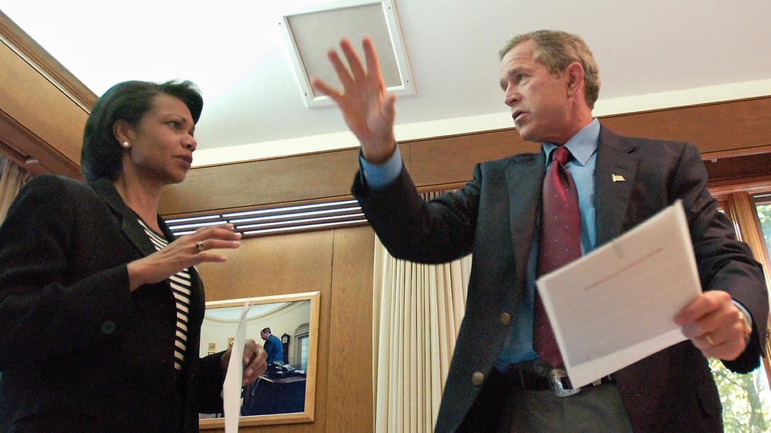 United States President George W. Bush meets with National Security Advisor Condoleezza Rice at Camp David