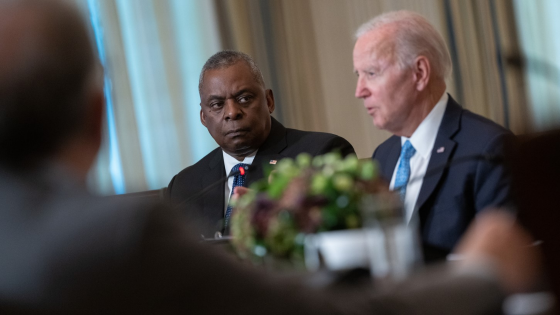 United States Secretary of Defense Lloyd J. Austin III listens as United States President Joe Biden delivers remarks at the third meeting of the White House Competition Council