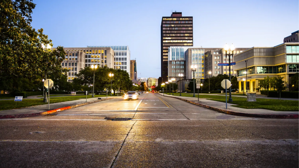 View of mostly empty street in downtown Baton Rouge, Louisiana