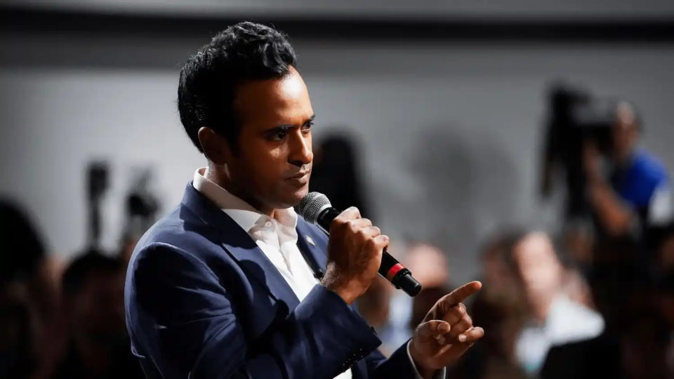 Vivek Ramaswamy speaks during a town hall on Thursday, September 19, 2024 at Bushnell Events Center in Springfield, Ohio