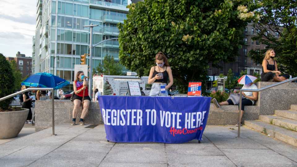 Voter registration table outside the Brooklyn Public Library