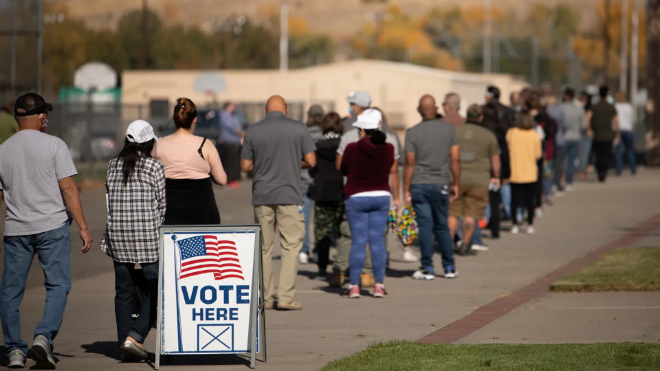 Voters stand in line to cast ballots