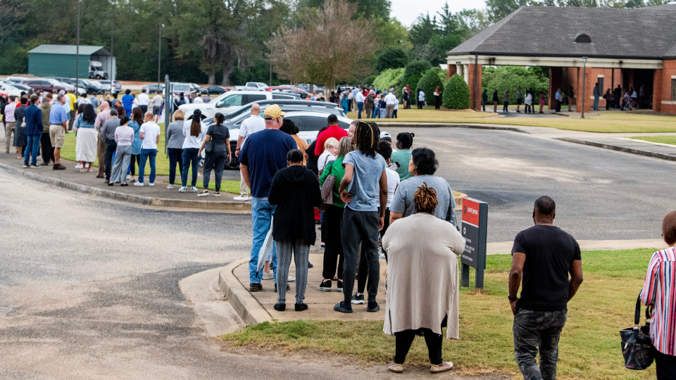 Voters wait to vote at St. James Church polling place in Montgomery on Election Day 2024