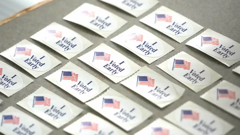 Voting stickers seen at the Frank P. Zeidler Municipal Building on North Broadway in Milwaukee