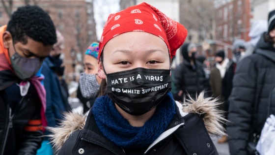 Woman at protest against anti-Asian racism