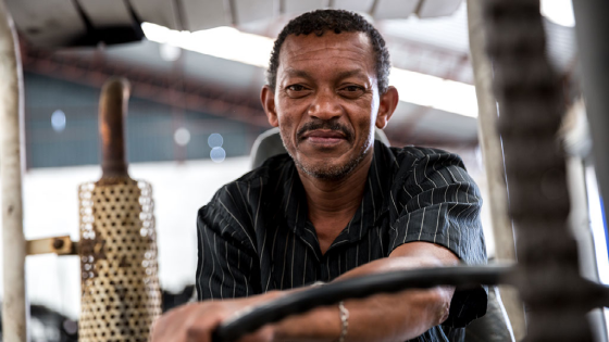 Worker on forklift