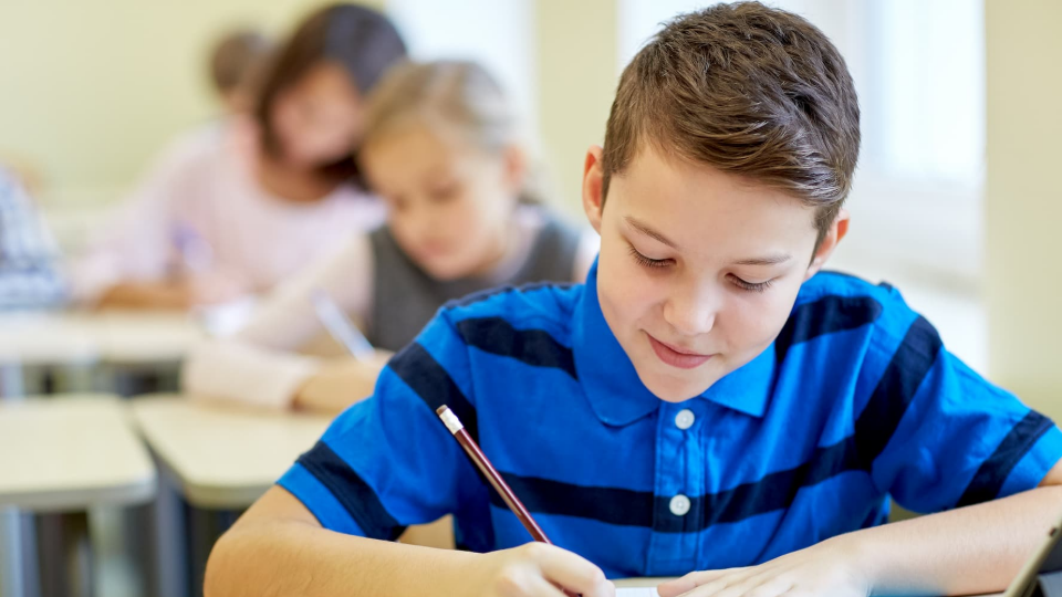 Young student works on assignment in classroom