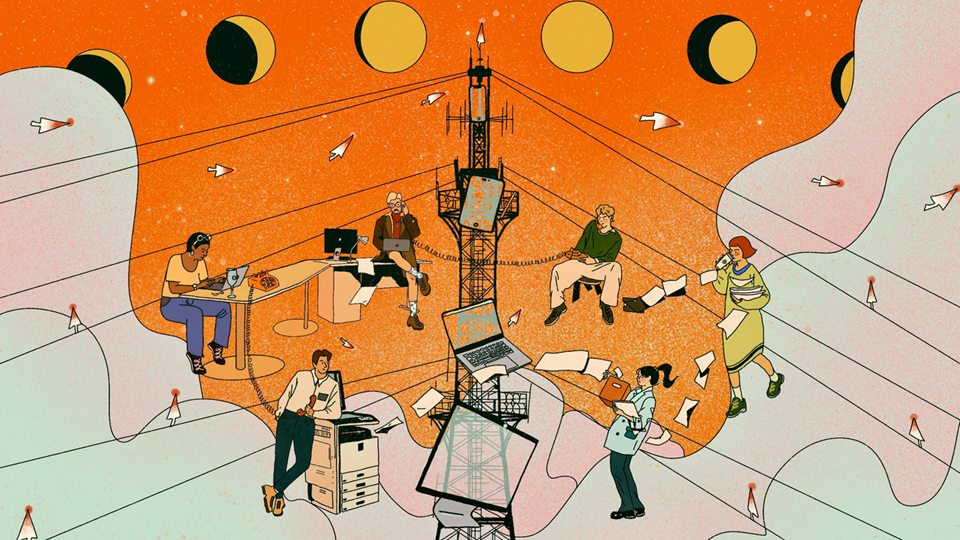 Artwork depicting people working through multiple eras of technology