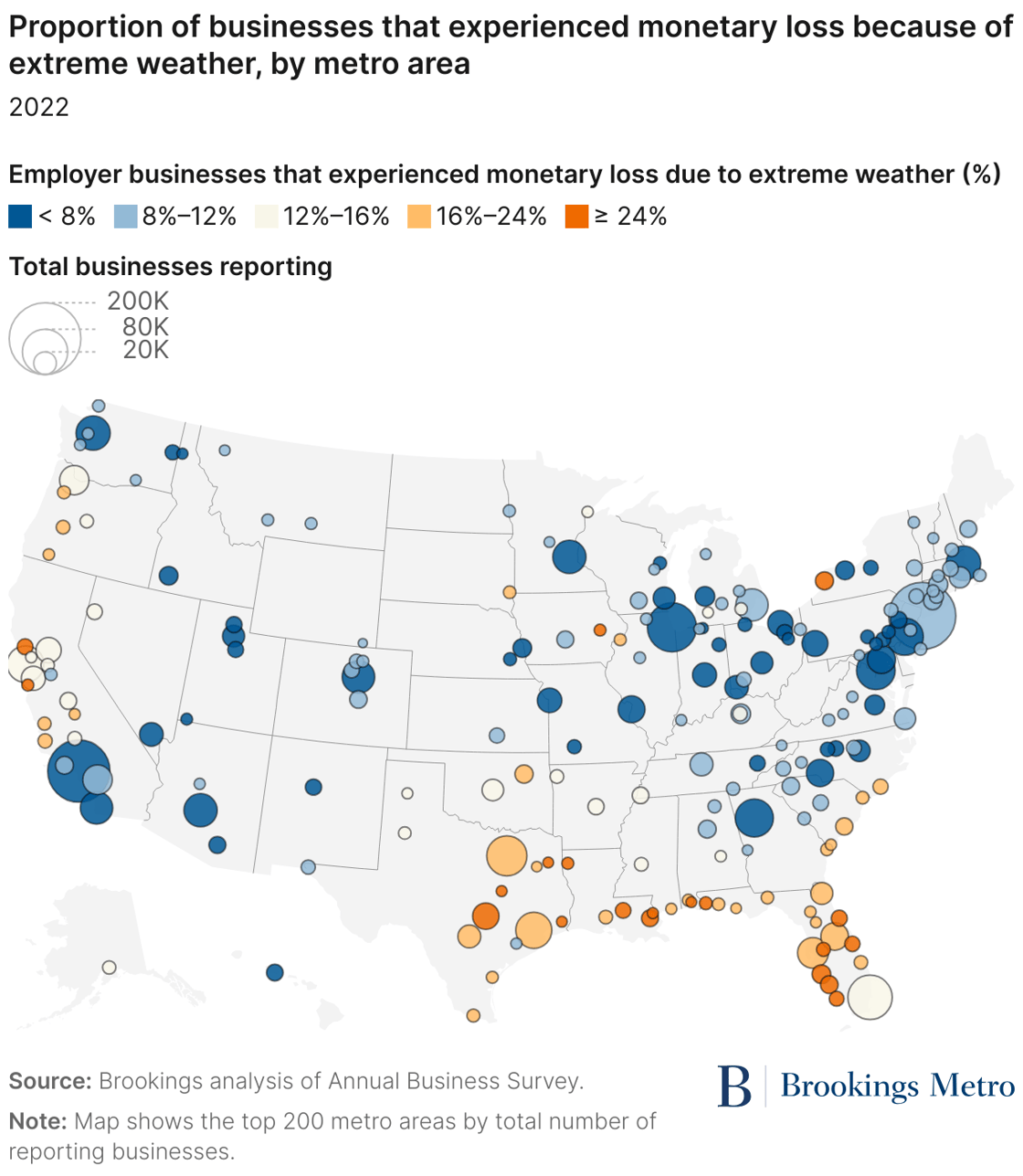 Image depicting a map of the United States showing businesses that have experienced monetary loss due to extreme weather, by metro area